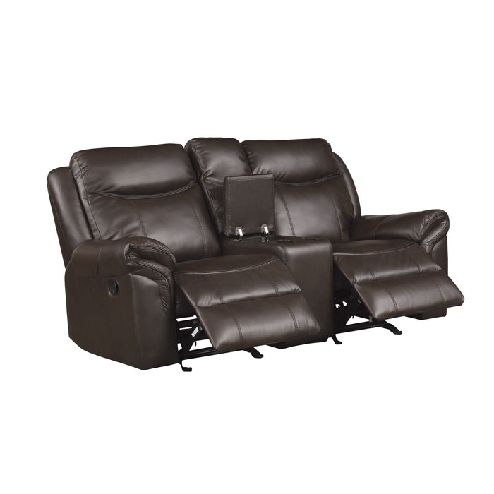 Aram Double Glider Reclining Loveseat with Center Console, Receptacles and USB Ports in Brown - 8206BRW-2