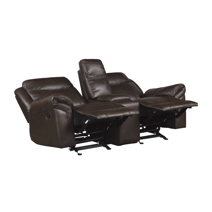 Aram Double Glider Reclining Loveseat with Center Console, Receptacles and USB Ports in Brown - 8206BRW-2