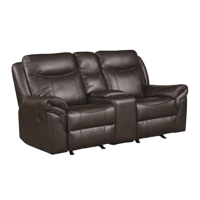 Aram Double Glider Reclining Loveseat with Center Console, Receptacles and USB Ports in Brown - 8206BRW-2