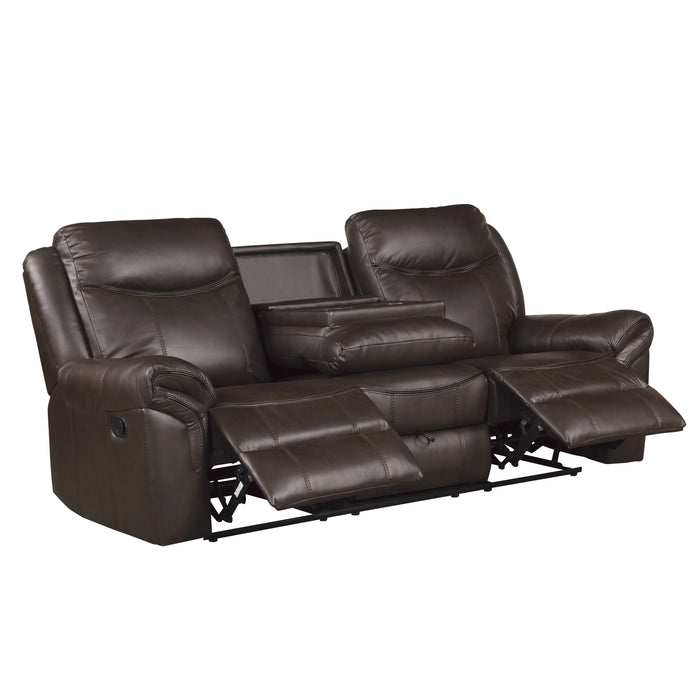 Aram Double Reclining Sofa with Center Drop-Down Cup Holders, Receptacles, Hidden Drawer and USB Ports in Brown - 8206BRW-3