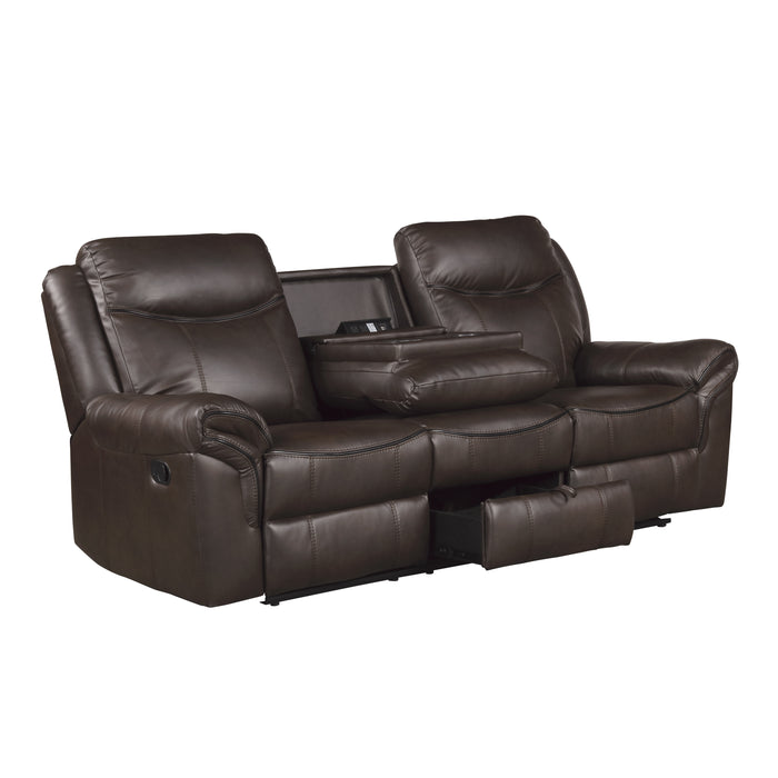 Aram Double Reclining Sofa with Center Drop-Down Cup Holders, Receptacles, Hidden Drawer and USB Ports in Brown - 8206BRW-3