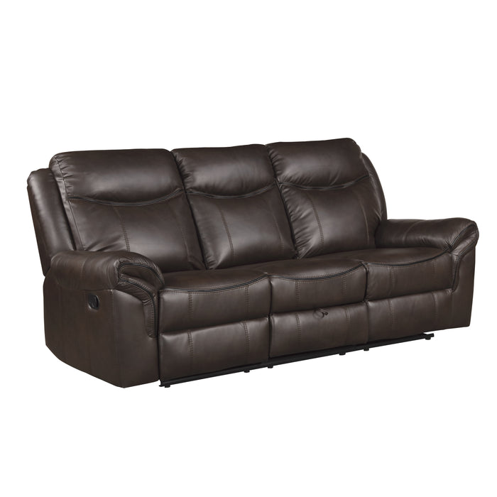 Aram Double Reclining Sofa with Center Drop-Down Cup Holders, Receptacles, Hidden Drawer and USB Ports in Brown - 8206BRW-3