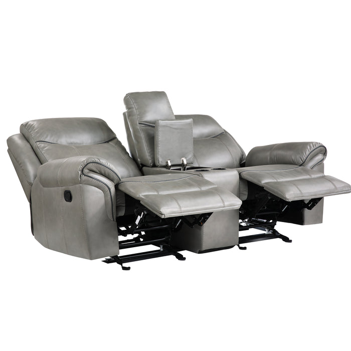 Aram Double Glider Reclining Loveseat with Center Console, Receptacles and USB Ports in Gray - 8206GRY-2