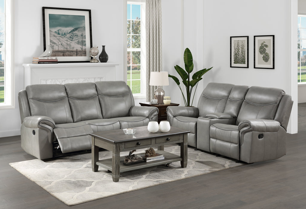 Aram Double Glider Reclining Loveseat with Center Console, Receptacles and USB Ports in Gray - 8206GRY-2