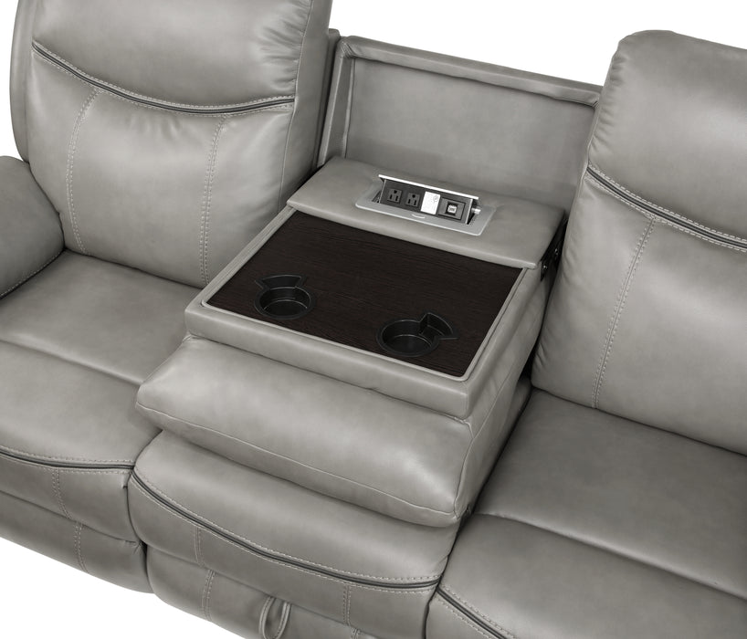 Aram Double Reclining Sofa with Center Drop-Down Cup Holders, Receptacles, Hidden Drawer and USB Ports in Gray - 8206GRY-3