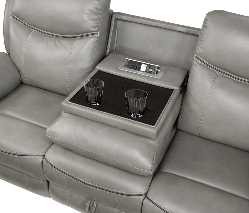 Aram Double Reclining Sofa with Center Drop-Down Cup Holders, Receptacles, Hidden Drawer and USB Ports in Gray - 8206GRY-3