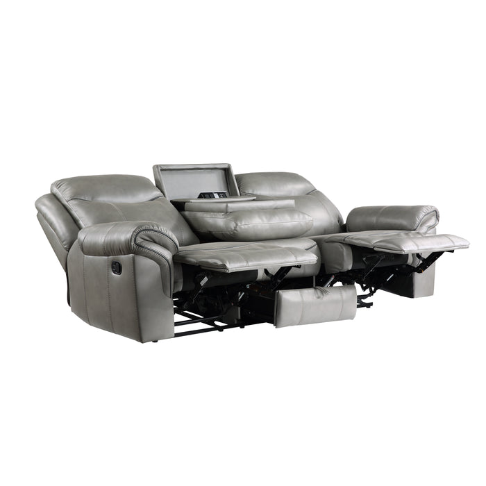 Aram Double Reclining Sofa with Center Drop-Down Cup Holders, Receptacles, Hidden Drawer and USB Ports in Gray - 8206GRY-3