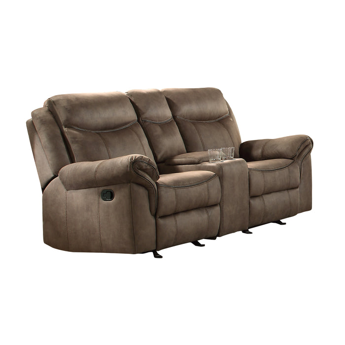 Aram Double Glider Reclining Loveseat with Center Console, Receptacles and USB Ports in Brown - 8206NF-2