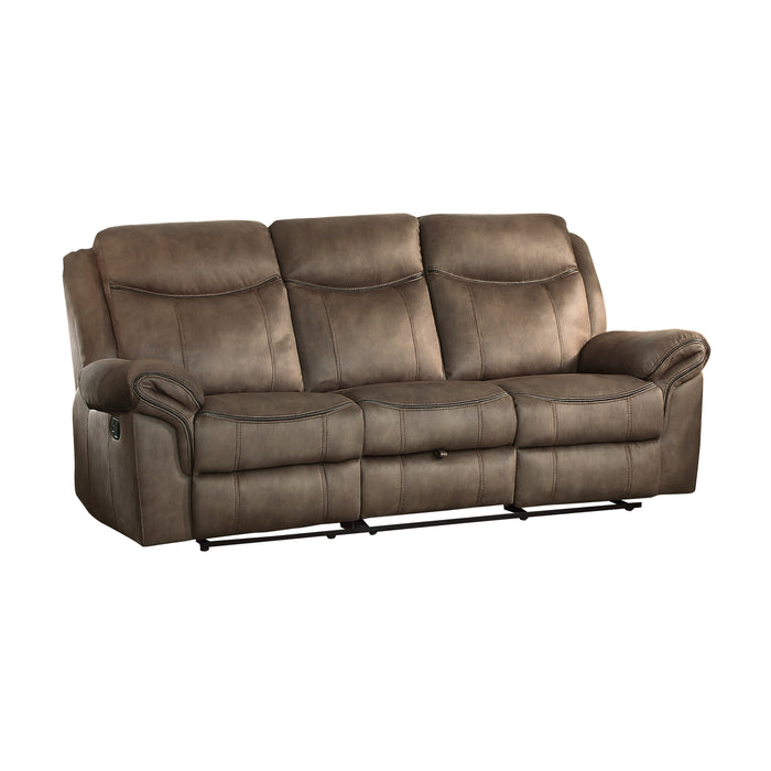 Aram Double Reclining Sofa with Center Drop-Down Cup Holders, Receptacles, Hidden Drawer and USB Ports in Brown - 8206NF-3