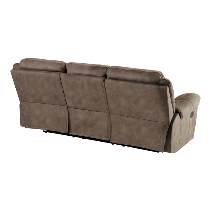 Aram Double Reclining Sofa with Center Drop-Down Cup Holders, Receptacles, Hidden Drawer and USB Ports in Brown - 8206NF-3