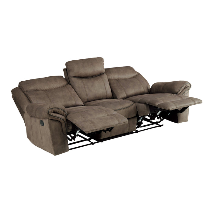 Aram Double Reclining Sofa with Center Drop-Down Cup Holders, Receptacles, Hidden Drawer and USB Ports in Brown - 8206NF-3