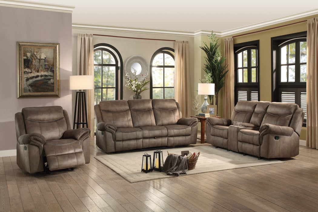 Aram Double Glider Reclining Loveseat with Center Console, Receptacles and USB Ports in Brown - 8206NF-2