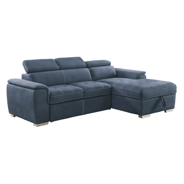 Ferriday 2-Piece Sectional with Adjustable Headrests, Pull-out Bed and Right Chaise with Hidden Storage in Blue - 8228BU*