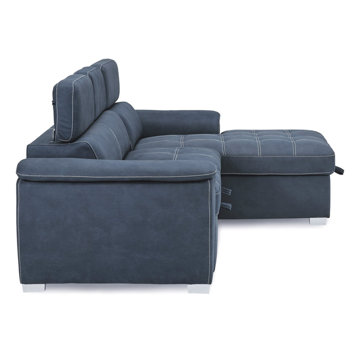 Ferriday 2-Piece Sectional with Adjustable Headrests, Pull-out Bed and Right Chaise with Hidden Storage in Blue - 8228BU*