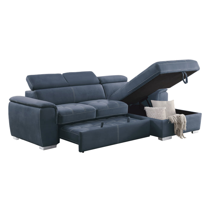 Ferriday 2-Piece Sectional with Adjustable Headrests, Pull-out Bed and Right Chaise with Hidden Storage in Blue - 8228BU*