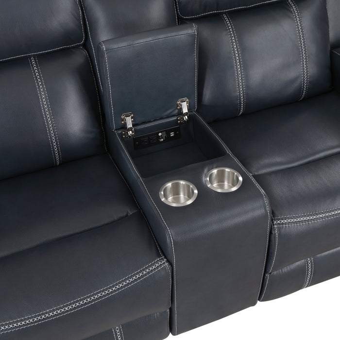 Littleton Double Reclining Loveseat with Center Console, Receptacles and USB Ports in Blue - 8516BU-2