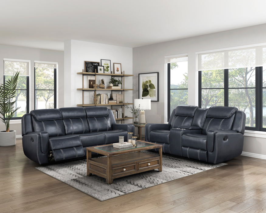 Littleton Double Reclining Loveseat with Center Console, Receptacles and USB Ports in Blue - 8516BU-2