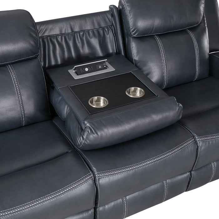 Littleton Double Reclining Sofa with Center Drop-Down Cup Holders,Storage Pouch, Receptacles and USB Ports in Blue - 8516BU-3