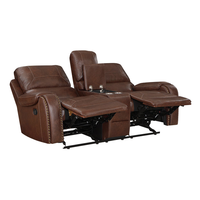 Newnan Double Glider Reclining Loveseat with Center Console, Receptacles and USB Ports in Brown - 8549BRW-2