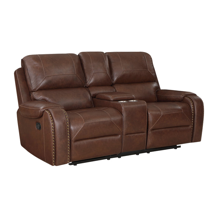 Newnan Double Glider Reclining Loveseat with Center Console, Receptacles and USB Ports in Brown - 8549BRW-2