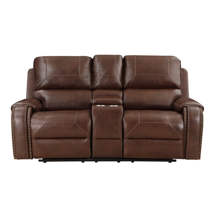 Newnan Double Glider Reclining Loveseat with Center Console, Receptacles and USB Ports in Brown - 8549BRW-2 image