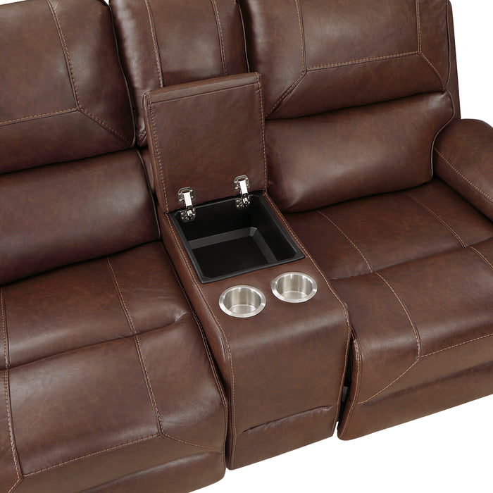 Newnan Double Glider Reclining Loveseat with Center Console, Receptacles and USB Ports in Brown - 8549BRW-2