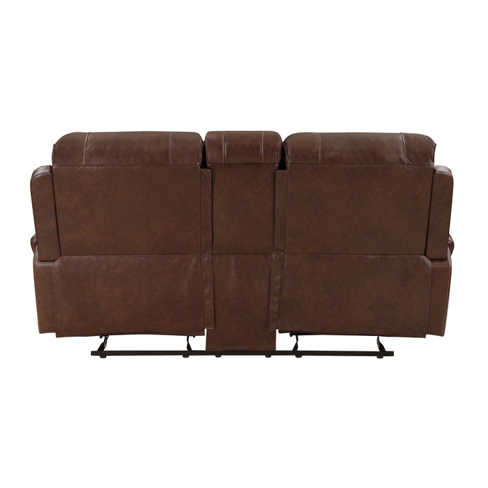 Newnan Double Glider Reclining Loveseat with Center Console, Receptacles and USB Ports in Brown - 8549BRW-2