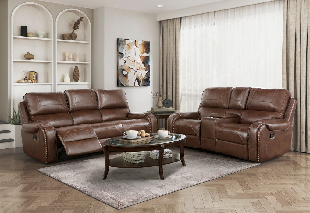 Newnan Double Glider Reclining Loveseat with Center Console, Receptacles and USB Ports in Brown - 8549BRW-2