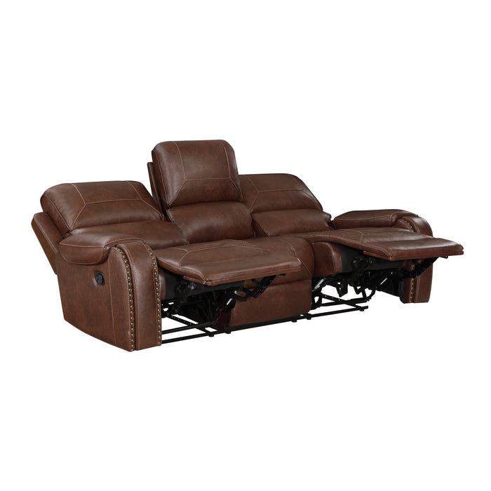 Newnan Double Reclining Sofa with Center Drop-Down Cup Holders, Receptacles and USB Ports in Brown - 8549BRW-3