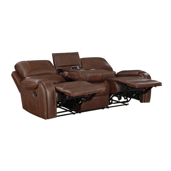 Newnan Double Reclining Sofa with Center Drop-Down Cup Holders, Receptacles and USB Ports in Brown - 8549BRW-3