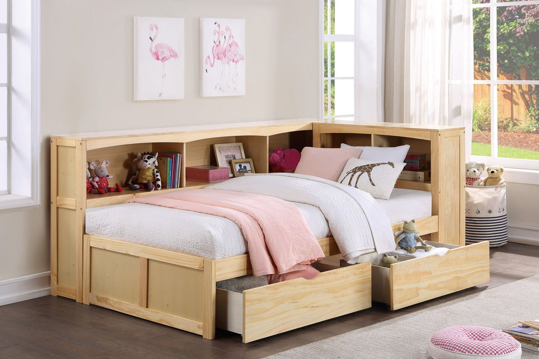 Bartly (4) Twin Bookcase Corner Bed with Storage Boxes in Natural - B2043BC-1BCT*