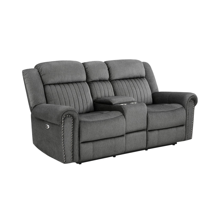 Brennen Power Double Reclining Loveseat with Center Console in Gray - 9204CC-2PW