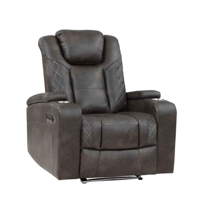 Tabor Power Reclining Chair with Power Headrest and Storage Arms, Cup Holders in Brown/Gray - 9211BRG-1PWH