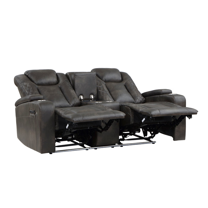 Tabor Power Double Reclining Loveseat with Center Console, Power Headrests, Storage Arms and Cup Holders in Brown/Gray - 9211BRG-2PWH