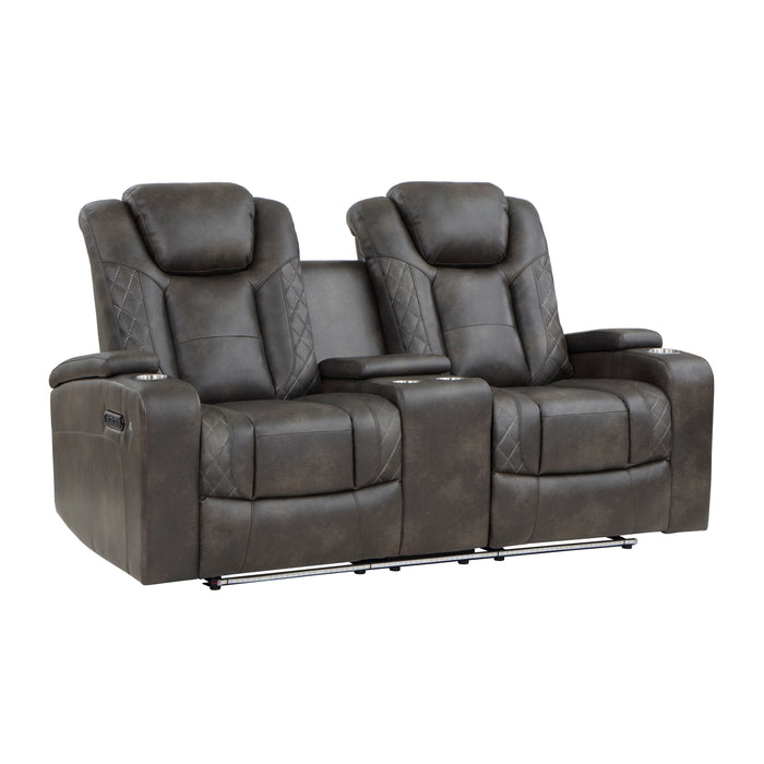 Tabor Power Double Reclining Loveseat with Center Console, Power Headrests, Storage Arms and Cup Holders in Brown/Gray - 9211BRG-2PWH