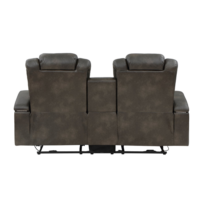 Tabor Power Double Reclining Loveseat with Center Console, Power Headrests, Storage Arms and Cup Holders in Brown/Gray - 9211BRG-2PWH