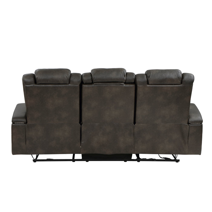 Tabor Power Double Reclining Sofa with Center Drop-Down Cup Holders, Power Headrests, Storage Arms and Cup holders in Brown/Gray - 9211BRG-3PWH