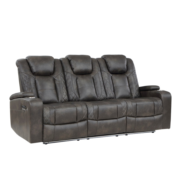 Tabor Power Double Reclining Sofa with Center Drop-Down Cup Holders, Power Headrests, Storage Arms and Cup holders in Brown/Gray - 9211BRG-3PWH