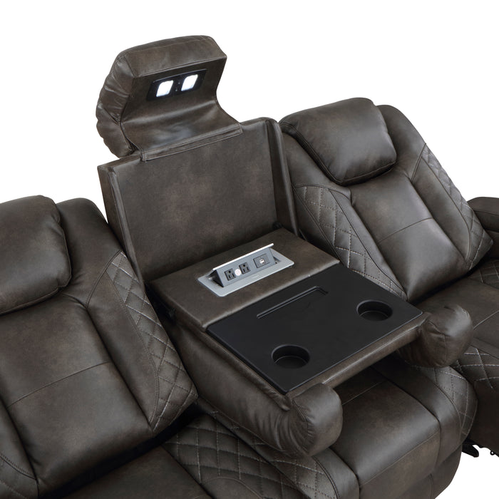 Tabor Power Double Reclining Sofa with Center Drop-Down Cup Holders, Power Headrests, Storage Arms and Cup holders in Brown/Gray - 9211BRG-3PWH