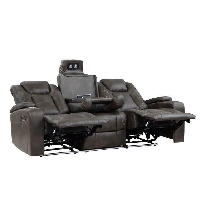 Tabor Power Double Reclining Sofa with Center Drop-Down Cup Holders, Power Headrests, Storage Arms and Cup holders in Brown/Gray - 9211BRG-3PWH