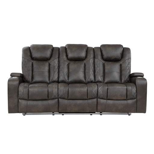 Tabor Power Double Reclining Sofa with Center Drop-Down Cup Holders, Power Headrests, Storage Arms and Cup holders in Brown/Gray - 9211BRG-3PWH image