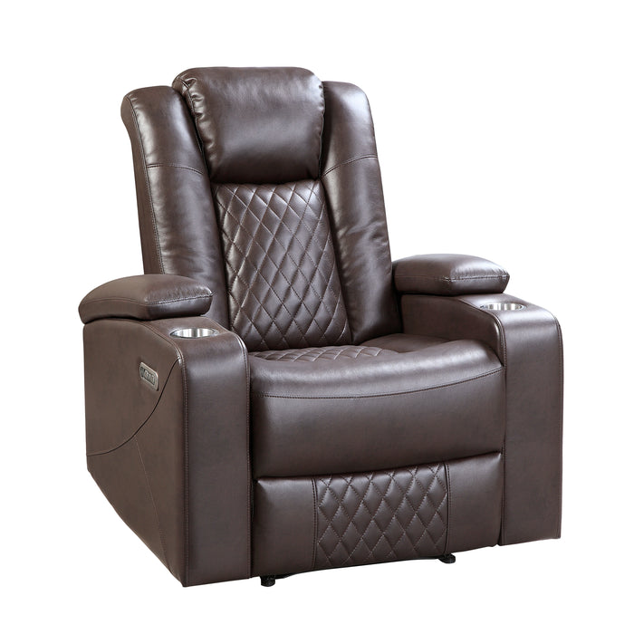 Caelan Power Reclining Chair with Power Headrest, Cup holders and Storage Arms in Brown - 9366DB-1PWH