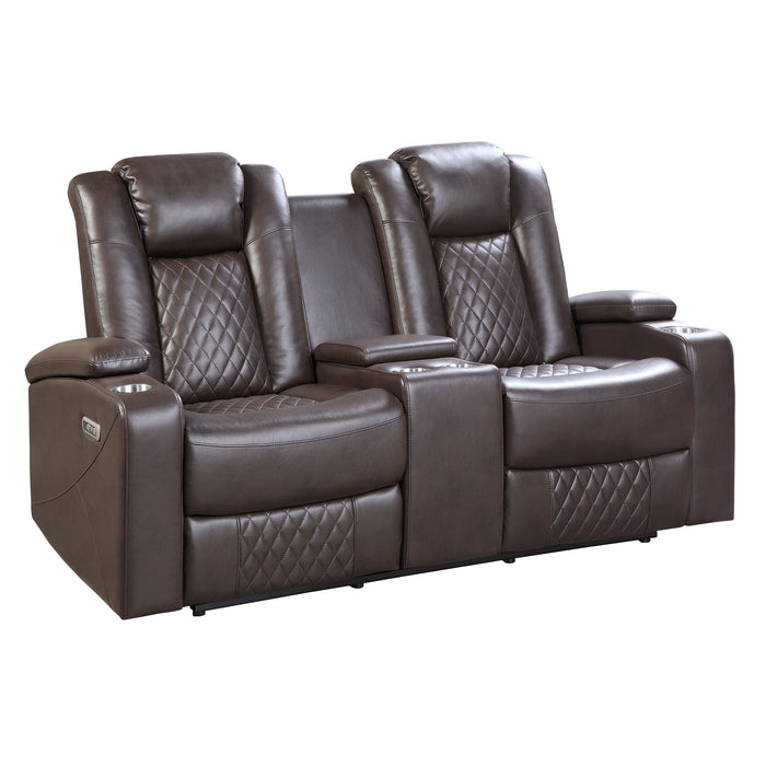 Caelan Power Double Reclining Loveseat with Center Console, Power Headrests, Storage Arms and Cup holders in Brown - 9366DB-2PWH