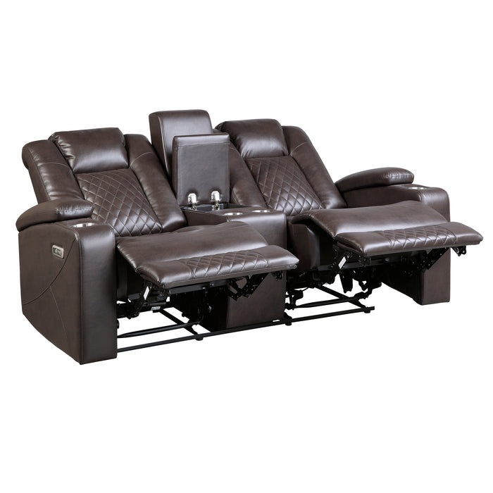 Caelan Power Double Reclining Loveseat with Center Console, Power Headrests, Storage Arms and Cup holders in Brown - 9366DB-2PWH