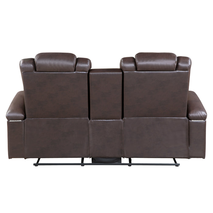 Caelan Power Double Reclining Loveseat with Center Console, Power Headrests, Storage Arms and Cup holders in Brown - 9366DB-2PWH