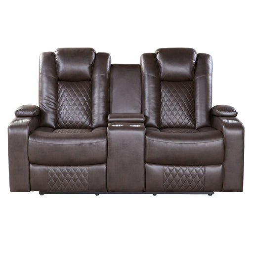 Caelan Power Double Reclining Loveseat with Center Console, Power Headrests, Storage Arms and Cup holders in Brown - 9366DB-2PWH image