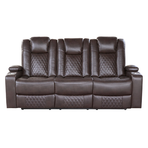 Caelan Power Double Reclining Sofa with Center Drop-Down Cup Holders, Power Headrests, Storage Arms, Cup holders and Reading Lights in Brown - 9366DB-3PWH image