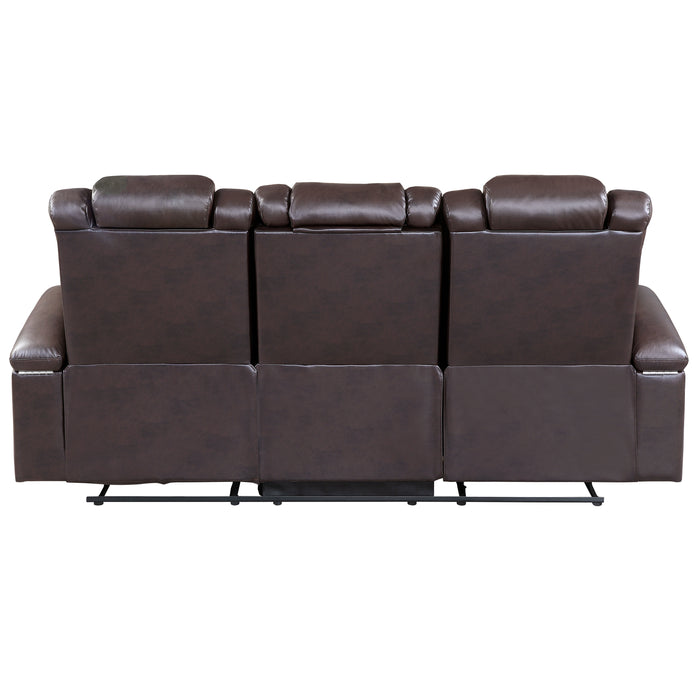 Caelan Power Double Reclining Sofa with Center Drop-Down Cup Holders, Power Headrests, Storage Arms, Cup holders and Reading Lights in Brown - 9366DB-3PWH