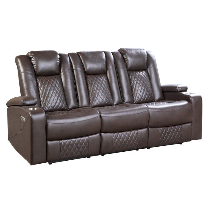 Caelan Power Double Reclining Sofa with Center Drop-Down Cup Holders, Power Headrests, Storage Arms, Cup holders and Reading Lights in Brown - 9366DB-3PWH