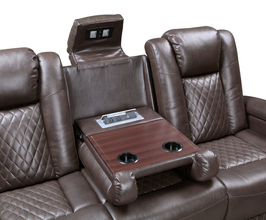 Caelan Power Double Reclining Sofa with Center Drop-Down Cup Holders, Power Headrests, Storage Arms, Cup holders and Reading Lights in Brown - 9366DB-3PWH